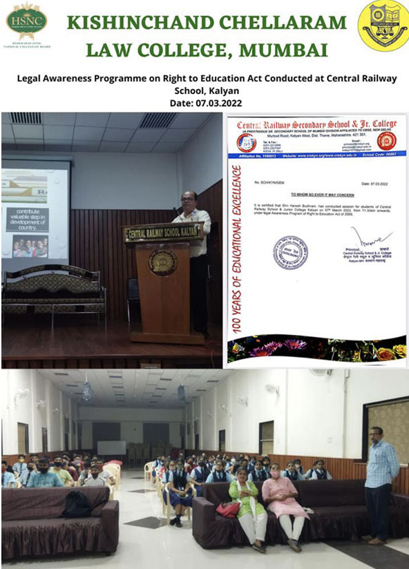 Legal Awareness Program on Right to Education Act at Central Railway School, Kalyan
